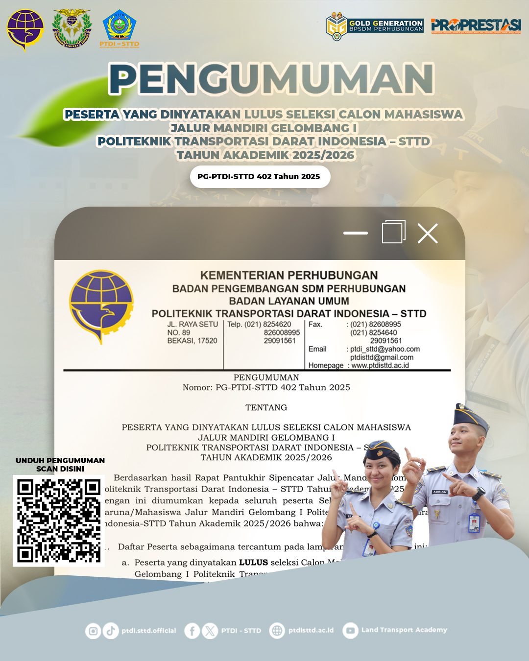 Pengumuman hasil seleksi Calon Mahasiswa Jalur Mandiri Gelombang I Politeknik Transportasi Darat Indonesia β STTD Tahun Akademik 2025/2026 resmi dirilis! Pengumuman hasil seleksi Calon Mahasiswa Jalur Mandiri Gelombang I Politeknik Transportasi Darat Indonesia β STTD Tahun Akademik 2025/2026 resmi dirilis!